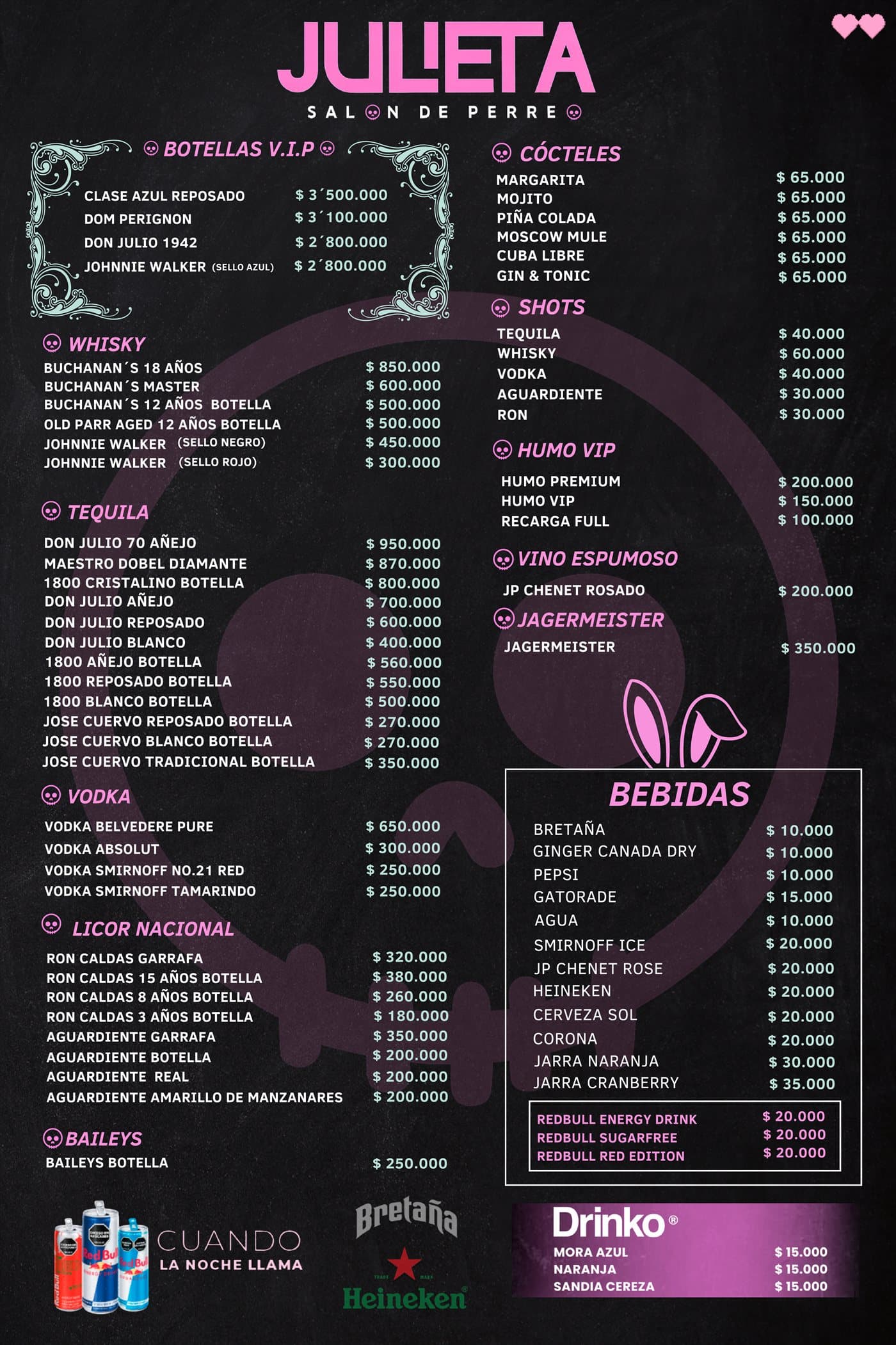Carta física de Julieta con las bebidas y precios reales